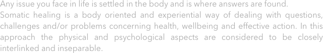 Any issue you face in life is settled in the body and is where answers are found. 
Somatic healing is a body oriented and experiential way of dealing with questions, challenges and/or problems concerning health, wellbeing and effective action. In this approach the physical and psychological aspects are considered to be closely interlinked and inseparable. 